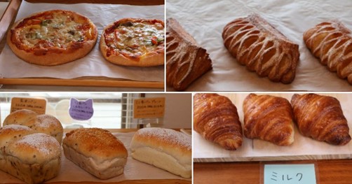 写真左上：ピザ、右上：人気のアップルパイ（中身はリンゴのシロップ漬けとカスタード、シナモンが入っていないタイプ） 写真左下：人気のクロワッサン（プレーン、メープル、ミルク、オレンジ、チョコなど５種類）、右下：ミニ食パン。